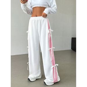 Hot Selling Spring Autumn Loose Plain Dyed <b>Women's</b> Casual <b>White</b> Sports Pants <b>Elastic</b> <b>Waist</b> Bow Detail Contrast Stripes - Product Image 6