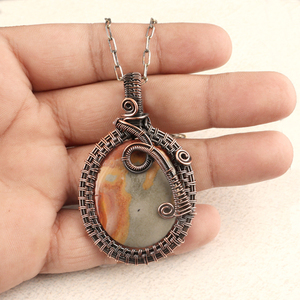 Collar de cadena envuelto en alambre de cobre, joyería única, colgante ovalado de jaspe oceánico Natural - Product Image 2