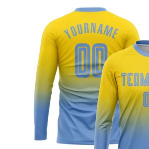 Maillot de sport d'équipe à manches longues personnalisé Nom et numéro personnalisés Design dégradé jaune bleu T-shirt respirant de performance - Product Image 3