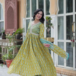 High Quality <b>Indian</b> Style Traditional Wear Suit <b>for</b> Women Printed Dress Pure Cotton Print Anarkali Gown & Bottom With Dupatta - Product Image 1