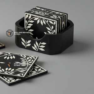 Indian Supplier Offers Handmade Black & White Bone Inlay <b>Coaster</b> Set with Holder Floral Pattern <b>Drink</b> <b>Coasters</b> - Product Image 2