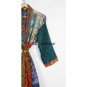 Robe longue bohème en soie pour femme, imprimé patchwork, col en V, cordon de serrage, manches longues, respirante, élégante, vêtements de plage d'été - Product Image 3