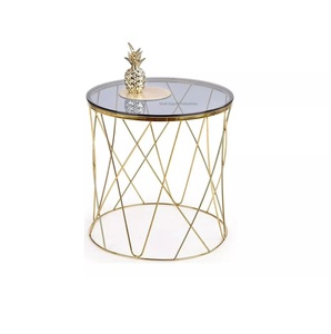 Mesa auxiliar de alambre metálico con acabado dorado de forma redonda con tapa de cristal ahumado para el hogar, sala de estar, mesas decorativas para muebles - Product Image 1