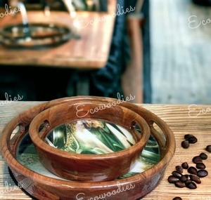 Premium Design Rounded <b>Wooden</b> Serving Tray Bamboo Handles Set of 2 for Home Kitchen Bar or Restaurant Brown - Product Image 1