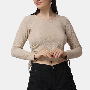 Women's High Quality Cotton Full Sleeve <b>Crop</b> <b>Top</b> with New Drawstring Design Short Neck Wear for Summer Print Pattern - Product Image 2