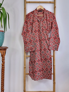 ชุดนอนผ้าคอตตอนสีแดงสุดหรูชุดนอนเลานจ์เนื้อนุ่มพิมพ์ลายบล็อกด้วยมือสำหรับทุกฤดูกาล-สไตล์อินเดียแบบลำลอง - Product Image 3
