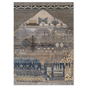 Tapis géométrique noué à la main en laine et soie de bambou Manchaha, rectangulaire, épaisseur 10 mm, pour salon, couloir - Les-2863 Gris & Noir - Product Image 1