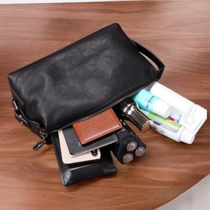 Genuine Leather Toiletry Case <b>Medium</b> Size Zipper Closure Portable Soft Handle Classic Style Black Cosmetic Bag - Product Image 2