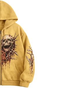 Sudadera con Capucha Personalizada Amarillo Mostaza con Gráfico de Doble Calavera, Estilo Gótico Urbano, Sudadera de Felpa con Estilo Lavado Ácido, Ropa Personalizada para Hombre - Product Image 3