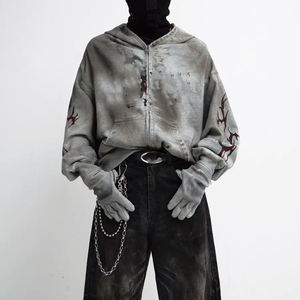 Vintage en détresse hommes sweats à capuche 100% pour cent coton Applique broderie surdimensionné lavage à l'acide à capuche 500gsm fermeture éclair éponge française - Product Image 3