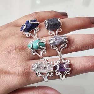 Rough <b>Stone</b> Jewelry Women's <b>Ring</b> Natural Herkimer Peridot Lapis Quartz Gemstone Statement Jewelry 925 Sterling <b>Silver</b> <b>Ring</b> - Product Image 1