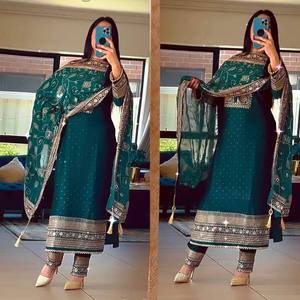 2024 exclusif semi-cousu en soie de qualité lourde Salwar Kameez costume ethnique style pakistanais avec manches complètes et Dupatta - Product Image 2
