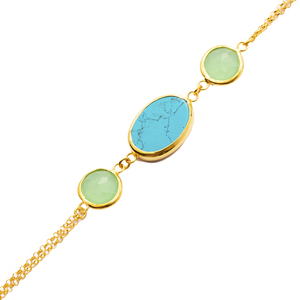 Turquoise Quartz Gold Bezel Round and Oval <b>Charm</b> <b>Silver</b> <b>Bracelet</b> Wholesale Handmade 925 Sterling Jewelry - Product Image 3