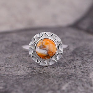Excelente calidad sólida plata esterlina 925 Natural naranja Espinosa ostra turquesa 10mm anillo de forma redonda para mujer joyería fina - Product Image 1