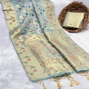 VASTRA COTTAGE Sari de Seda Kora Premium con Tejidos Meenakari en Toda la Prenda, Pallu de Zari de Lujo y Blusa de Brocado Butti - Product Image 5