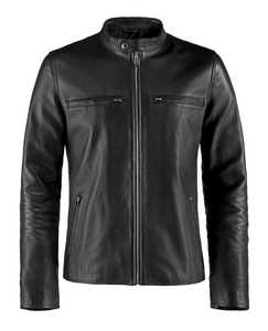 Chaqueta de motorista de cuero real transpirable con cremallera negra para hombre con forro negro acolchado y bolsillos exteriores interiores OEM al por mayor 2024 - Product Image 1