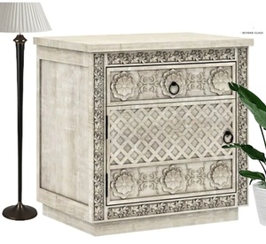 Mesita de noche moderna convertible de madera maciza de teca hecha a mano encalada tallada con cajón muebles de dormitorio apartamento uso doméstico - Product Image 2