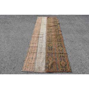 <b>Large</b> Area Classic Brown Green Patchwork Wool <b>Rug</b> 3.1 X 8.8ft Turkish Aubusson Design for <b>Living</b> <b>Room</b> or Hallway Latex Backed - Product Image 1