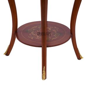Mesa Auxiliar Redonda de Dos Niveles de Caoba de Lujo con Incrustaciones Florales y Detalles Ornamentales de Latón Dorado para Decoración Clásica del Hogar - Product Image 5