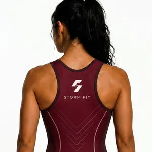 Combinaison de lutte personnalisée pour femme, ajustée, bordeaux, imprimée par transfert thermique, 100 % polyester, 220 g, légère, séchage rapide, respirante - Product Image 5