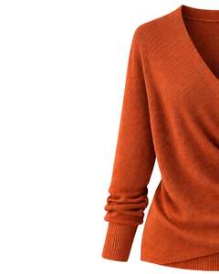 <b>Women</b> Rust <b>Orange</b> Wrap Style Knit Sweater Long Sleeve V Neck Soft Casual Winter Top Elegant Ladies Fashion Pullover Daily Wear - Product Image 3
