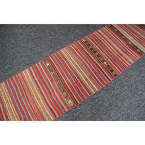 Tapis turc 2,6 x 11,2 pieds, tapis Kilim, tapis rayé arc-en-ciel en laine - Product Image 2