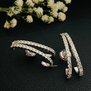 14K Solid Gold Twin Diamond <b>Huggies</b> <b>Ear</b> Cuff Earrings Fine Jewelry. - Product Image 2