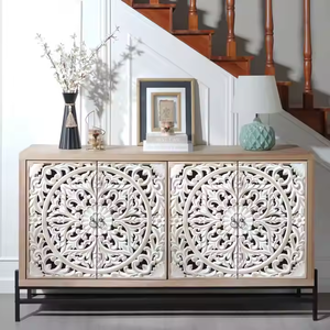 Elegant Modern <b>Sideboard</b> <b>White</b> Wash Finish Solid Mango Wood Handcrafted Floral Carvings Dining Kitchen Storage Eco-Friendly - Product Image 1
