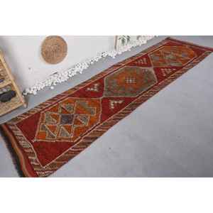 Vintage Geometric Kilim Rug in <b>Red</b> Orange 2.8 X 10.3 ft Flat Weave <b>Wool</b> Latex Backing Patchwork Pattern for Hallway 9x12 Size - Product Image 2