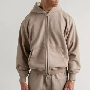 Sudadera con capucha de manga larga 500 Gsm 100% algodón con cremallera completa color personalizado sólido para hombre - Product Image 4