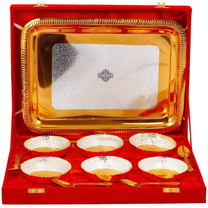 IndianArtVilla Ensemble de bols en lotus plaqué or poli avec 6 cuillères et 1 plateau pour hôtel et restaurant - Product Image 1