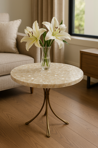 Bàn trang trí hiện đại làm thủ công từ xà cừ và đá cẩm thạch, thiết kế sang trọng, bề mặt óng ánh, thân thiện với môi trường, màu trắng kem - Product Image 3