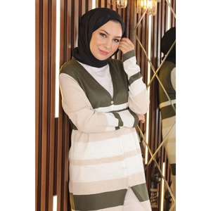 Vestido Casual Largo de Punto con Detalle de Botones y Patrón a Rayas Crochet - Product Image 2