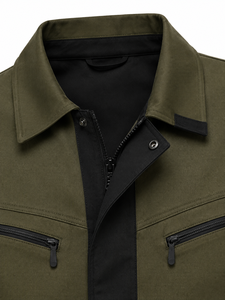 Combinaison industrielle pour homme en sergé robuste, vert olive, avec patte de boutonnage noire, col pointu, grandes poches aux hanches et genoux renforcés, multi-usages - Product Image 5