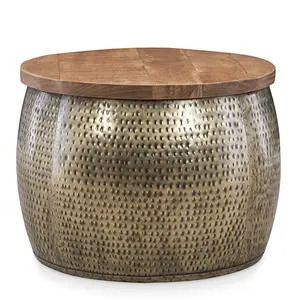 أسطوانة مطلية بالذهب مع سطح رفع الخشب الطبيعي لطاولة التخزين الخشبية الصغيرة وطاولة مع التخزين