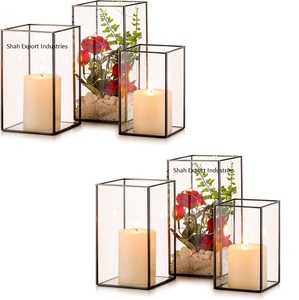 Cadre en laiton de luxe boîte en verre bougeoir ensemble pour la décoration de table de mariage pièce maîtresse bougie carrée noire votive - Product Image 1