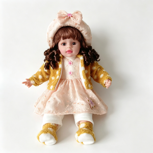 Poupée en peluche musicale personnalisée, poupée d'hiver jaune à pois, poupée en tissu avec veste en sherpa, poupée chantante, objet de collection pour enfants - Product Image 2