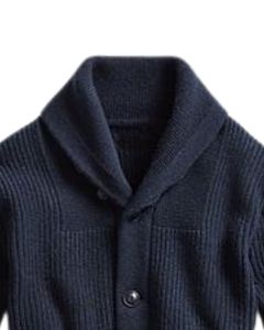 Pull cardigan en tricot côtelé à col châle boutonné, tricot texturé chaud d'hiver, couleur bleu marine, coton, vêtement décontracté tendance - Product Image 6