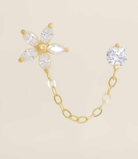 14K REAL Solid Gold Marquise Flower Round Ball Chain Double Stud Earring, CZ Upper Earlobe Cartilage Helix Tragus
