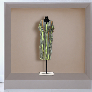 100% algodón cuello en V Boho impreso Kaftan vestido Casual cuello en V mangas cortas aleteo cintura cordón playa cubrir para mujeres - Product Image 1