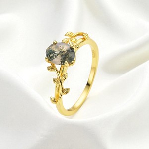 Bague en pierre précieuse d'agate de mousse ovale-925 Silver Leaf Designer Fashion Ring Jewelry Wholesale - Product Image 1