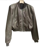 Blouson court rétro pour femme, style automne-hiver, couleur unie, fermeture éclair, décontracté, polyvalent, en cuir, imperméable et respirant