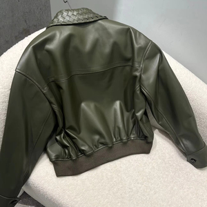 Blouson bomber en peau de mouton pour femme, vert olive, col montant, fermeture éclair, coupe-vent, manches longues, séchage rapide - Product Image 2