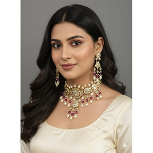 Gargantilla Nupcial Clásica Chapada en Oro de 18K con Kundan, Meena y Diamantes Polki para Fiestas de Mujeres, Tipo Religioso Hindú, India - Product Image 1