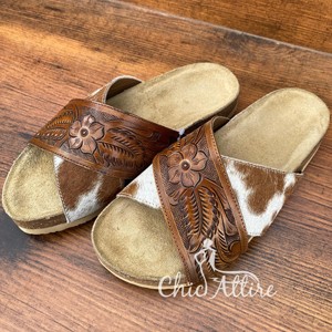 Western Hand Tooled Floral Criss-cross Sandals Genuine Hair on Cowhide Leather Slide Sandals Outdoor Flipflops Women's Footwear - Product Image 1