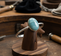Bracelet manchette en amazonite, en laiton doré, fin, ouvert, avec cabochon ovale, fait main, pour femme