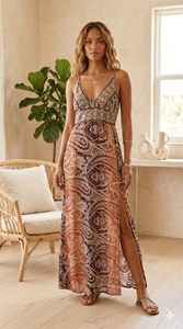 Talla Única Y2K, Vestido Largo Bohemio Natural de Seda Tejida India, Estampado Geométrico, Estilo Coreano, Cuello en V, Sin Mangas, Dulce y Veraniego - Product Image 3