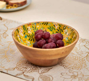 Cuenco de madera Cuencos para servir frutas Cuenco para servir frutas de madera con diseño impreso en hojas y amarillo personalizado - Product Image 1