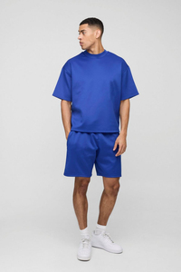 2025ชุดวอร์มผ้าคอตตอนสำหรับผู้ชายชุดวอร์มผ้าฝ้ายทรงโอเวอร์ไซส์สำหรับใส่ไป100% กางเกงขาสั้นและเสื้อยืดโลโก้ตามสั่ง - Product Image 4