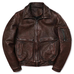 Veste moto en cuir véritable marron pour homme avec fermeture éclair, col rabattable, coupe classique, pour l'automne - Product Image 4